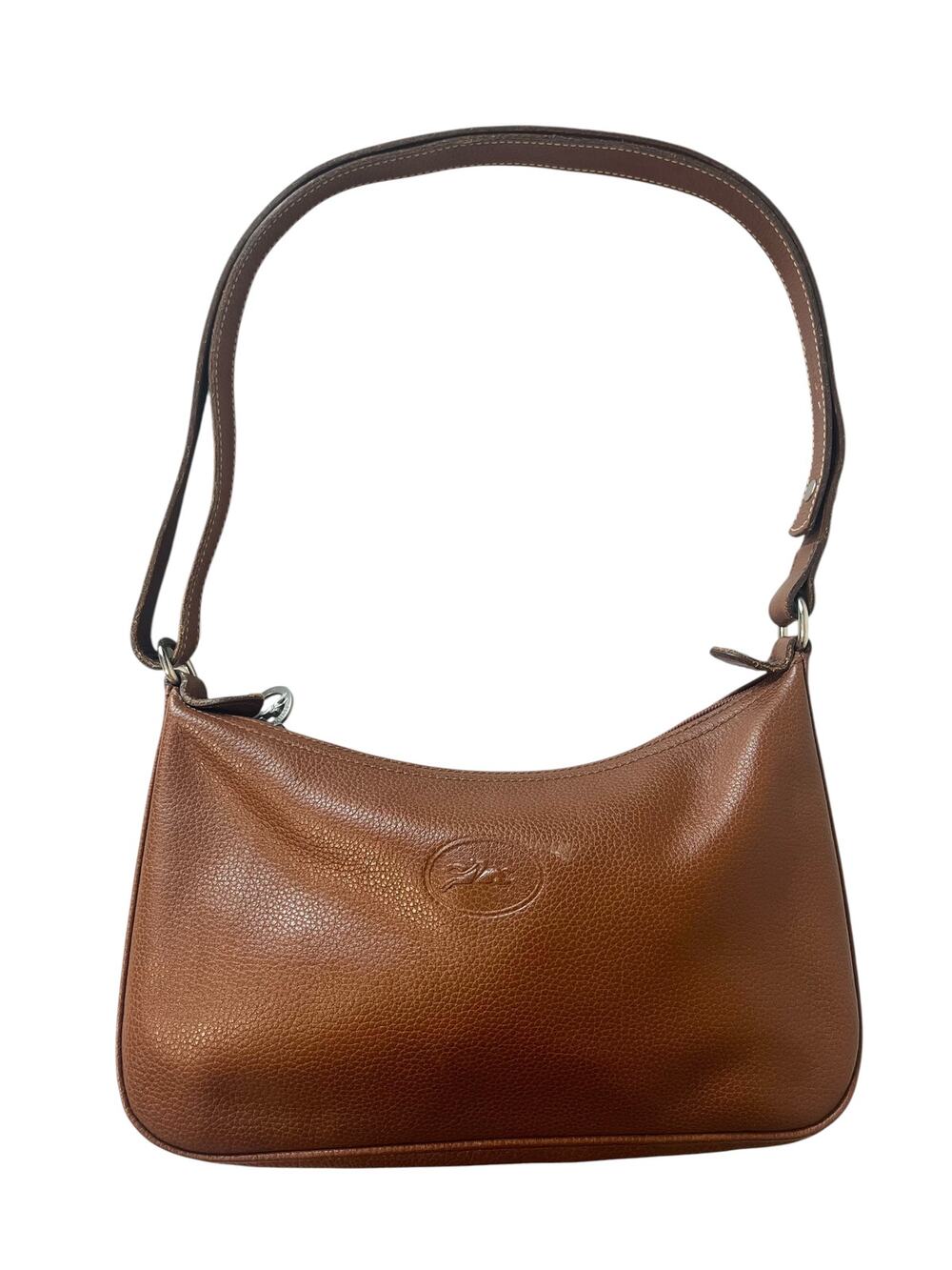 Longchamp Le Foulonné Vintage Brown Pebbled Leather Shoulder Baguette Crossbody